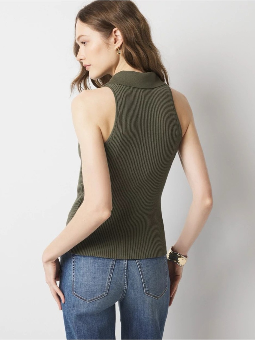 White House Black Market Olive Large Ribbed Henley Sweater Tank Top Sleeveless - Picture 10 of 12